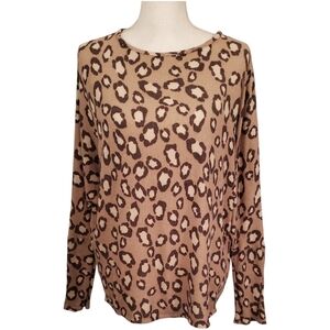 Bombom Leopard Print Brown And Tan Long Raglan Sleeve Waffle Knit Top Size L